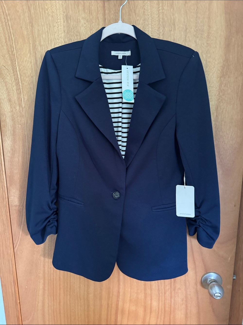 41 Hawthorn Navy Single-Button Blazer with Ruched 3/4 Sleeves